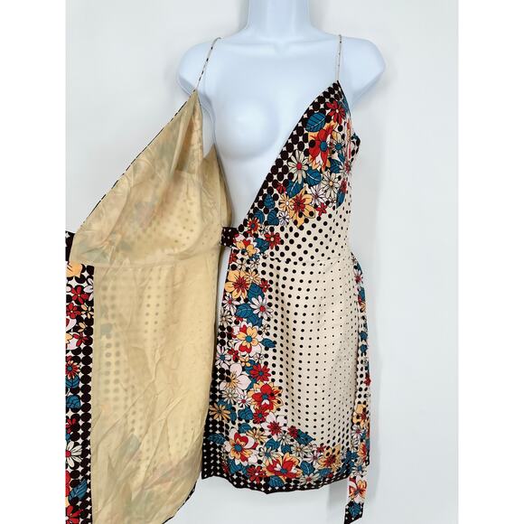 Vintage 90’s Y2k 100% Silk Satin Wrap Dress Floral Polka Dot Belted Midi - Picture 8 of 10